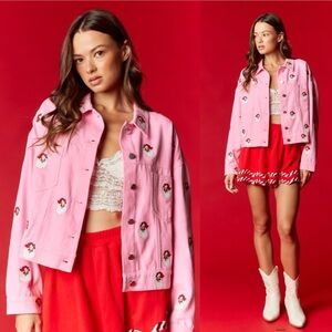 Christmas in La La Land Embroidered Santa Clause Pink Jacket